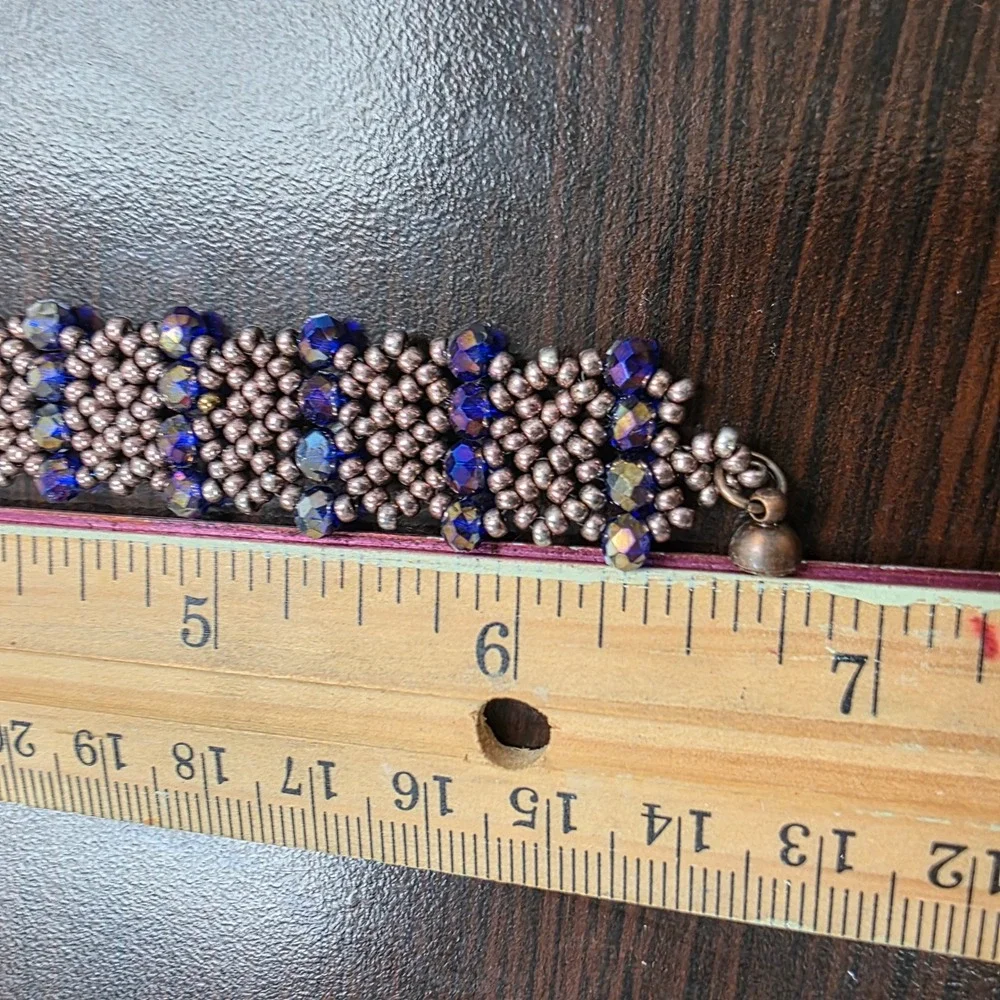 Handmade Beaded Cuff Bracelet Blue Iridescent Crystal Bronze Seed Bead Magnetic